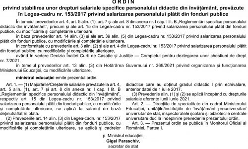 Ordinul ME 3993 privind calcularea drepturilor salariale ținând cont de salariul de bază aflat în plată a fost publicat în Monitorul Oficial